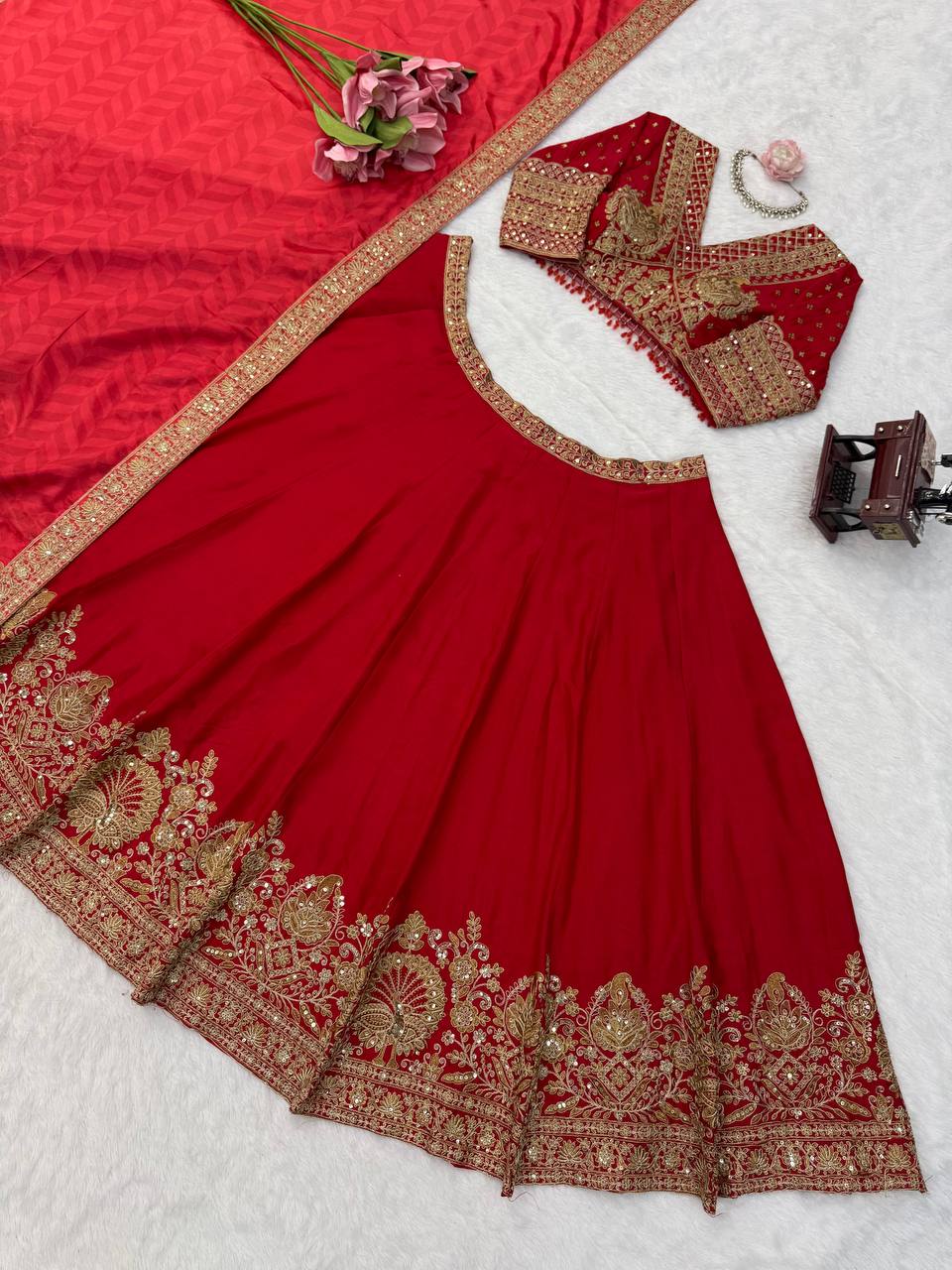 Regal Crimson Red Bridal Lehenga Choli Ensemble Featuring Intricate Gold Zari Embroidery, Heritage Motifs, and Embellished Tassels